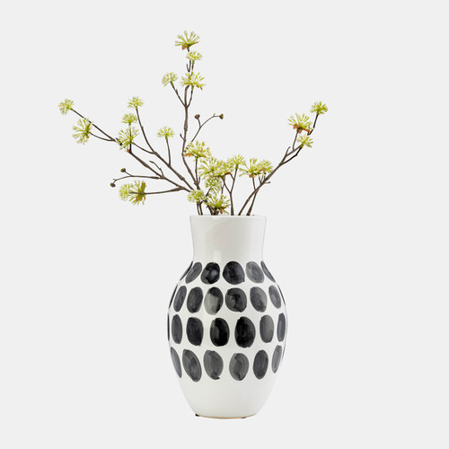 17938-01#Cer, 10"h Blk Polk-a-dot Flower Vase, White