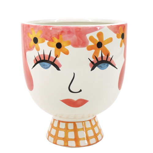 17940#Cer, 7"h  Pretty Eyelash Flower Vase, Pnk/wht