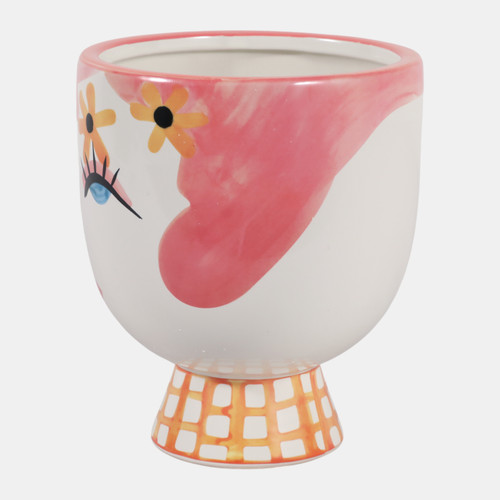 17940#Cer, 7"h  Pretty Eyelash Flower Vase, Pnk/wht