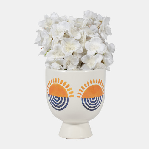 17941#Cer, 7"h Sunrise Eyes Flower Vase, Wht/orange/blue