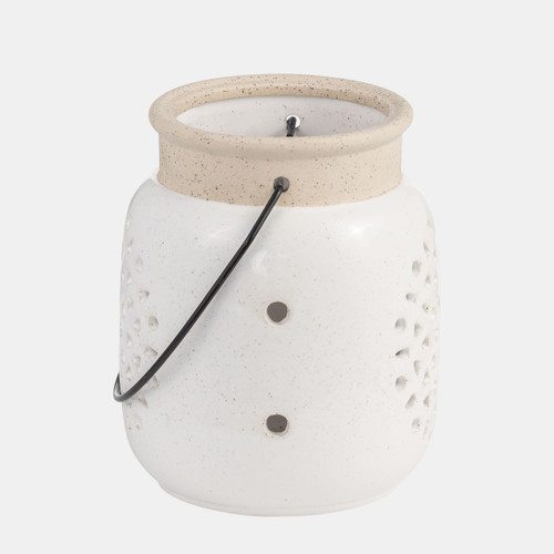 18001-01#Cer, 6"h Flower Cut Out Lantern, Ivory