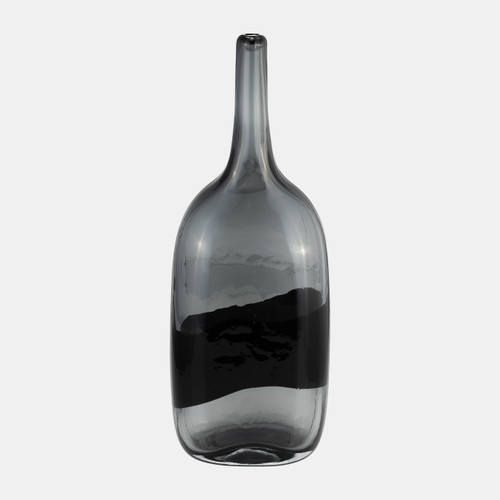 17989-02#Glass, 15"h Long Neck 2-tone Vase, Smoke/black