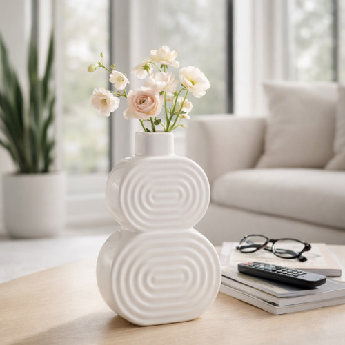 17993-01#Cer, 10" Stacked Circles Vase, White