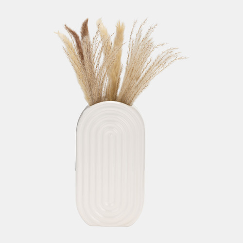 17994-02#Cer, 11" Oval Ridged Vase, White