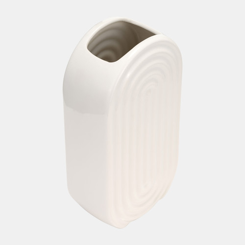 17994-02#Cer, 11" Oval Ridged Vase, White