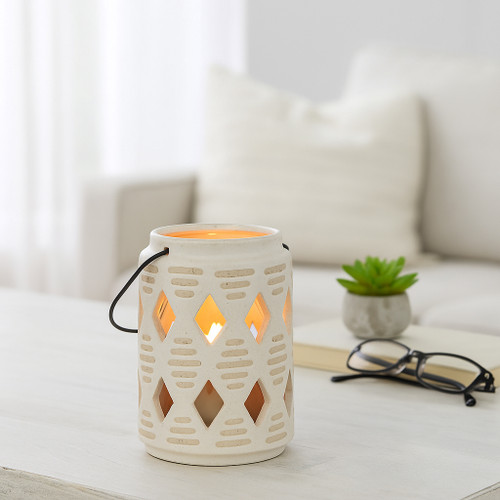 17998-01#Cer, 6"h Diamond Cut Out Lantern, Ivory