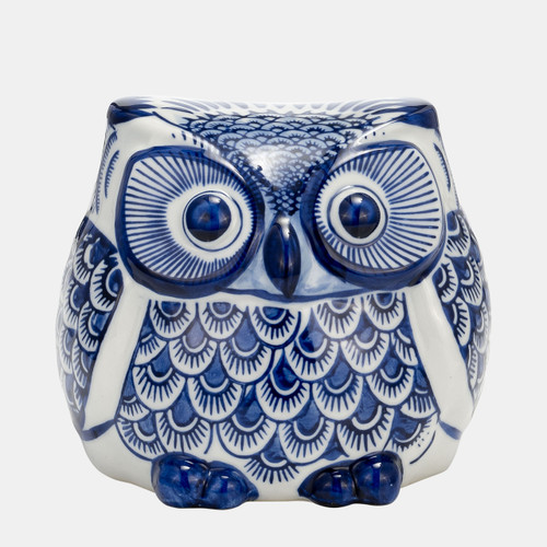 17999-01#Cer, 5"h Chinoiserie Owl, Blue/white
