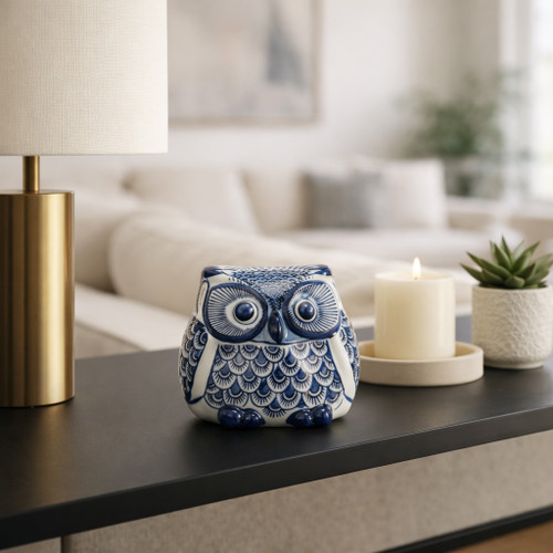 17999-01#Cer, 5"h Chinoiserie Owl, Blue/white