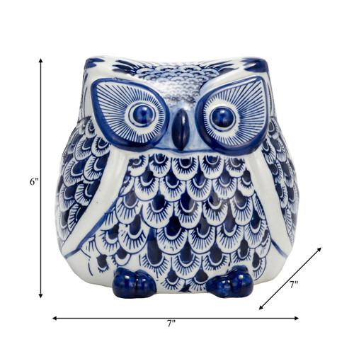 17999-02#Cer, 6"h Chinoiserie Owl, Blue/white