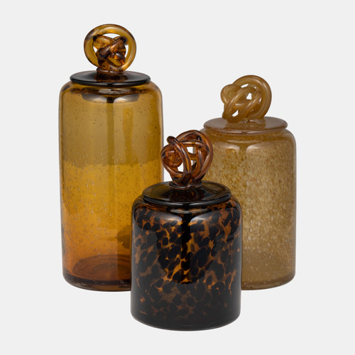 18003-03#Glass, 12" Jar W/ Knot Lid Dark Amber