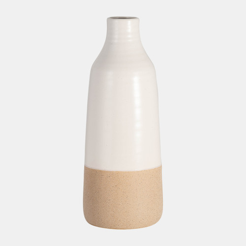 18074-02#Cer, 14" Bottle Vase, White/tan