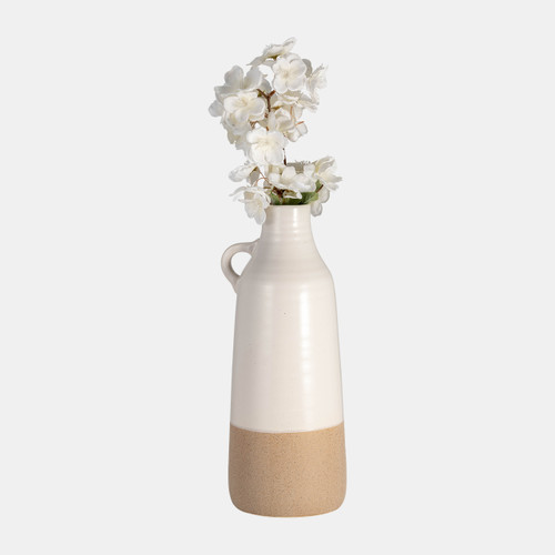 18074-02#Cer, 14" Bottle Vase, White/tan