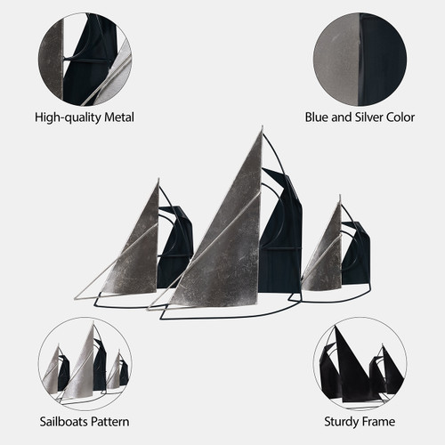 18087#Metal, 26" Sailboats Wall Decor, Blue/silver
