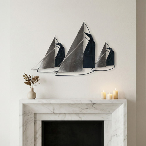 18087#Metal, 26" Sailboats Wall Decor, Blue/silver