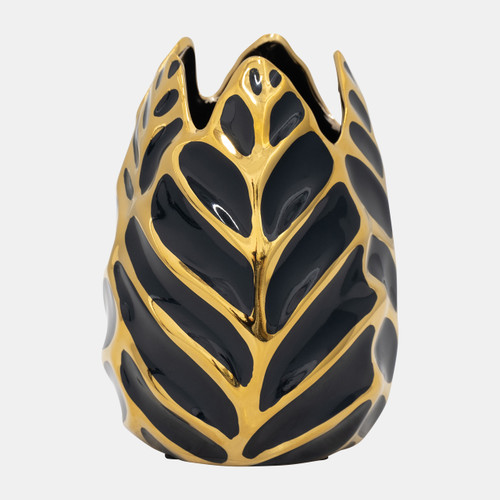 13036-10#Ceramic 8" Leaf Vase, Drk Navy/gold