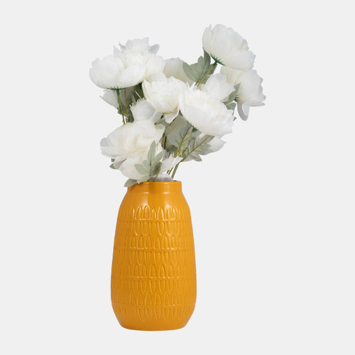 16945-07#Cer, 10"h Carved Vase, Mustard Gold