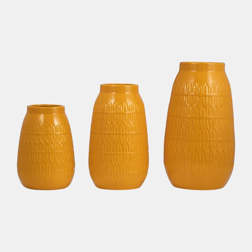 16945-09#Cer, 8"h Carved Vase, Mustard Gold