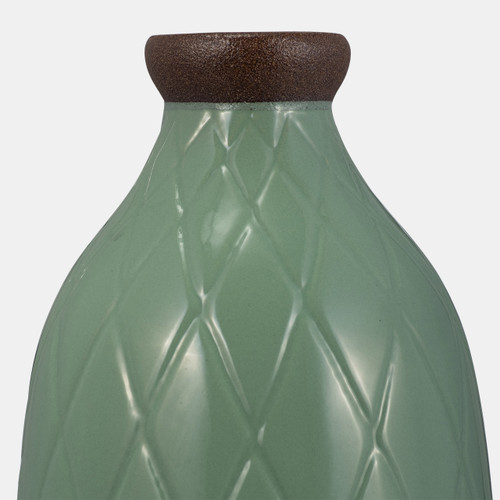 17930-07#Cer, 16" Plaid Textured Vase, Dark Sage 