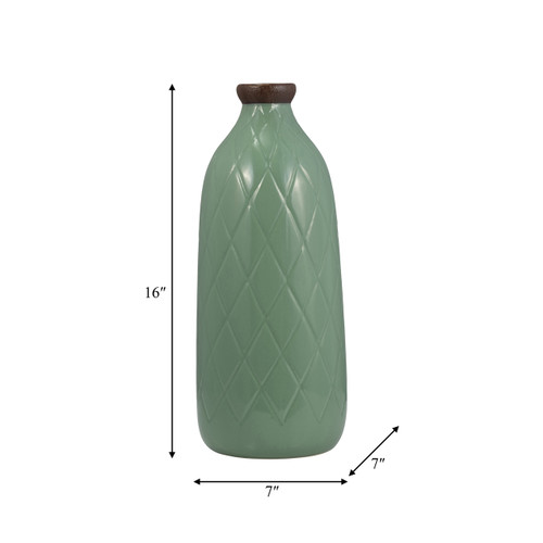 17930-07#Cer, 16" Plaid Textured Vase, Dark Sage 