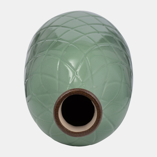 17930-07#Cer, 16" Plaid Textured Vase, Dark Sage 