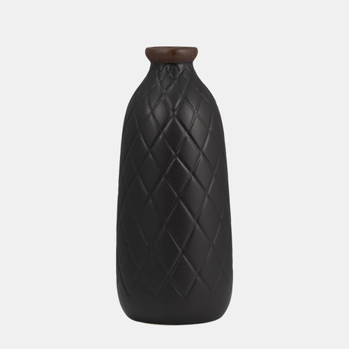 17930-12#Cer, 12" Plaid Textured Vase, Black