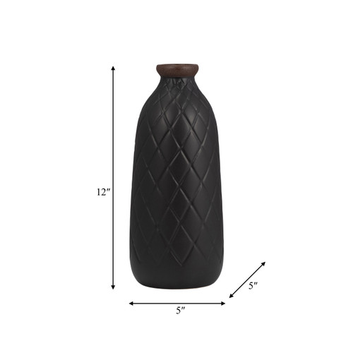 17930-12#Cer, 12" Plaid Textured Vase, Black