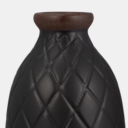 17930-12#Cer, 12" Plaid Textured Vase, Black
