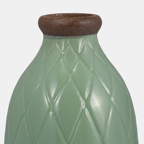 17930-13#Cer, 9" Plaid Textured Vase, Dark Sage