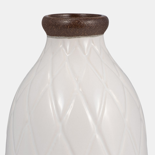 17930-14#Cer, 9" Plaid Textured Vase, White
