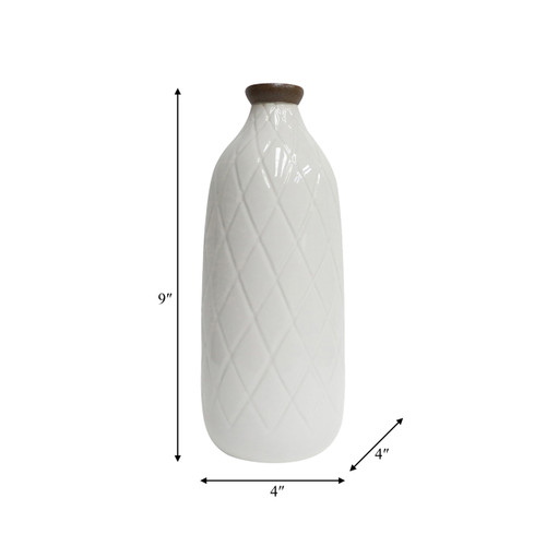 17930-14#Cer, 9" Plaid Textured Vase, White