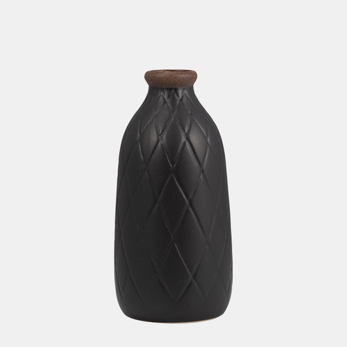 17930-15#Cer, 9" Plaid Textured Vase, Black