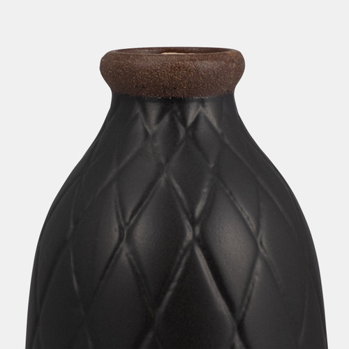 17930-15#Cer, 9" Plaid Textured Vase, Black