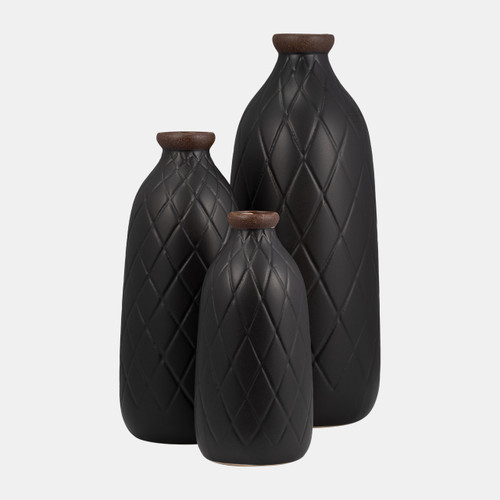 17930-15#Cer, 9" Plaid Textured Vase, Black