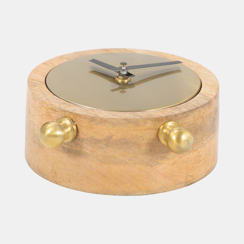 18113-02#Wood, 7" Round Gold Face Table Clock