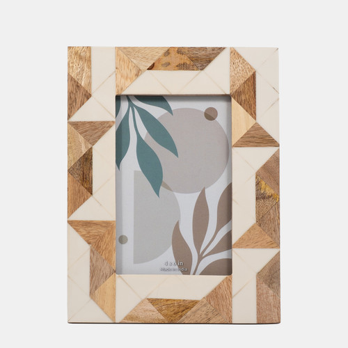 18122-01#Resin, 4x6 Wood & White Geometric Photo Frame, Whi