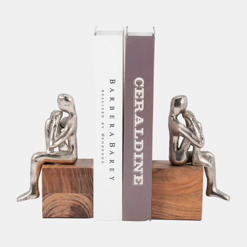 18139#Metal, S/2 7" Thinking Man Bookend Wood Base, Silv