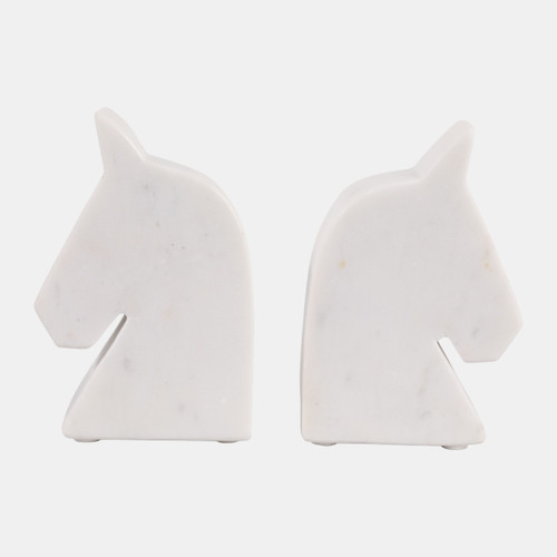 18140#Marble, S/2 6" Horse Head Bookends, White