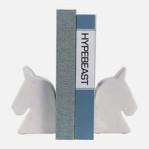 18140#Marble, S/2 6" Horse Head Bookends, White