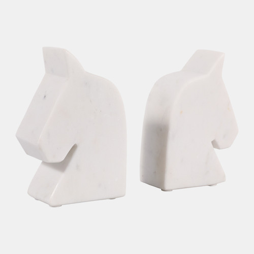 18140#Marble, S/2 6" Horse Head Bookends, White