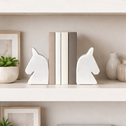 18140#Marble, S/2 6" Horse Head Bookends, White