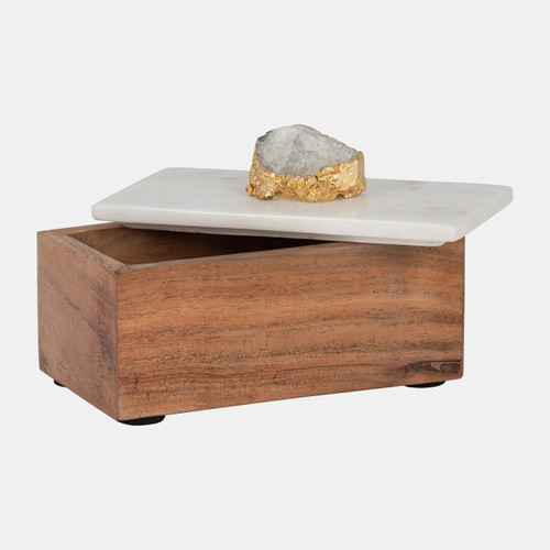 18169-01#Marble, 7" Clear Agate Cluster & Wood Base Box, Na