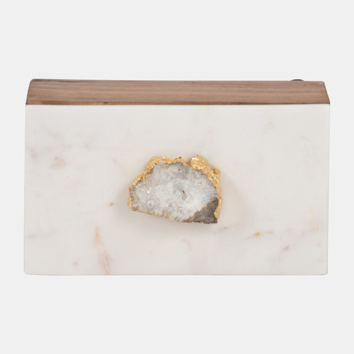 18169-01#Marble, 7" Clear Agate Cluster & Wood Base Box, Na