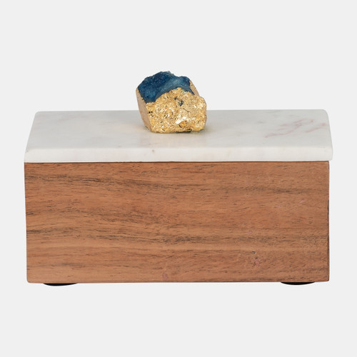 18169-02#Marble, 7" Blue Agate Cluster & Wood Base Box, Nat