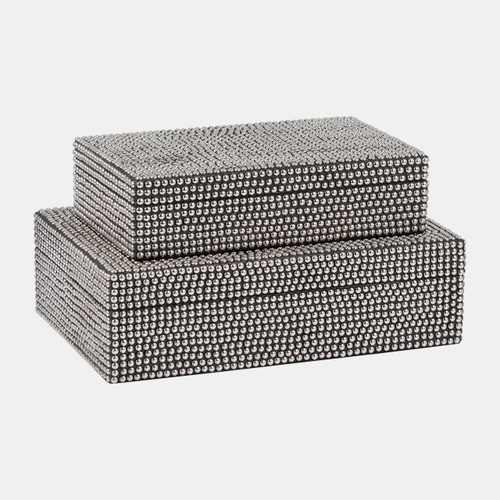 18174#Metal, S/2 10/12" Studded Boxes, Silver/black