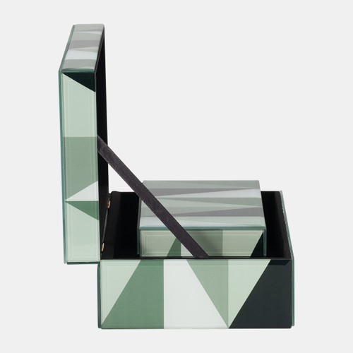 18179#Glass, S/2 8/11" Triangles Boxes, Green/white