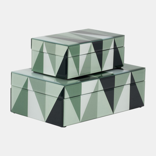18179#Glass, S/2 8/11" Triangles Boxes, Green/white