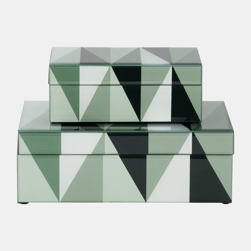 18179#Glass, S/2 8/11" Triangles Boxes, Green/white