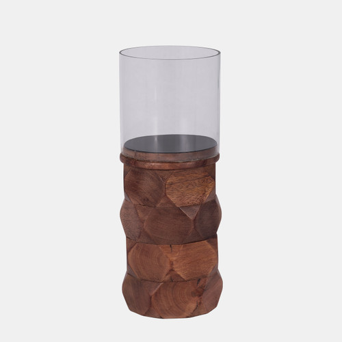 18198-02#Wood, 10" Stacked Hexagon Pillar Hurricane, Brown