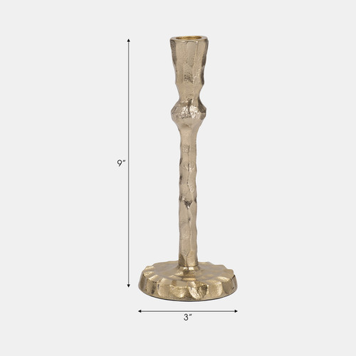 18201-01#Metal, 9" Hammered Taper Candleholder, Gold