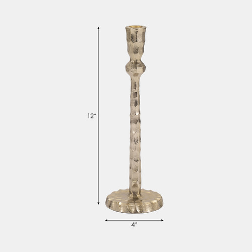 18201-02#Metal, 12" Hammered Taper Candleholder, Gold